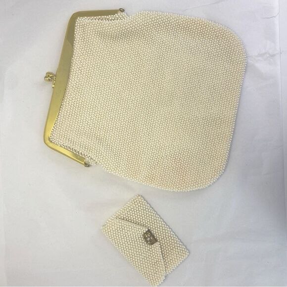 no brand Handbags - Vintage Handbag Cream Clutch Handbag Faux beads, Matching Set Change Purse Mini